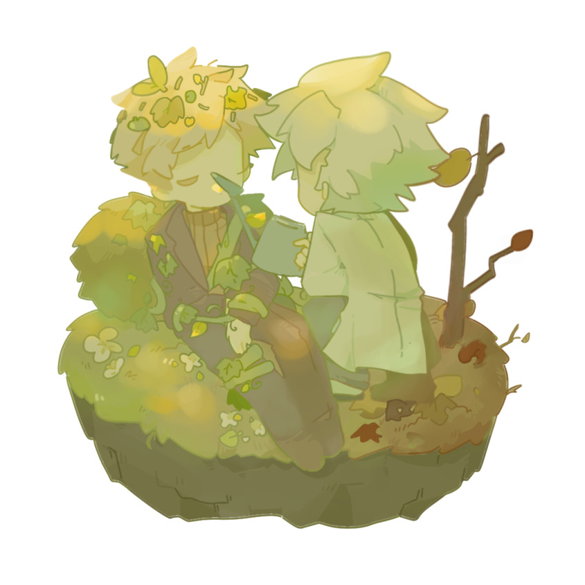 2boys, atou_haruki, black_jacket, black_pants, blonde_hair, brown_sweater, chinese_commentary, closed_eyes, commentary_request, deformed, guopi_zhixie, holding, holding_watering_can, jacket, kanou_aogu, lab_coat, leaf, leaf_on_head, long_sleeves, male_focus, multiple_boys, open_clothes, open_jacket, pants, plant, ribbed_sweater, saibou_shinkyoku, short_hair, sprout_on_head, sweater, transparent_background, turtleneck, turtleneck_sweater, vines, watering_can, white_hair