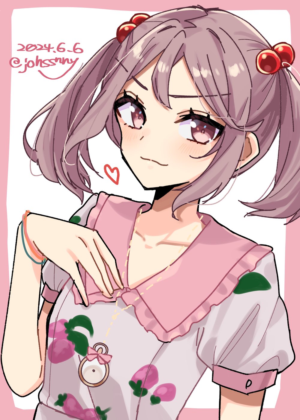 1girl, blush, closed_mouth, dated, dress, hair_bobbles, hair_ornament, heart