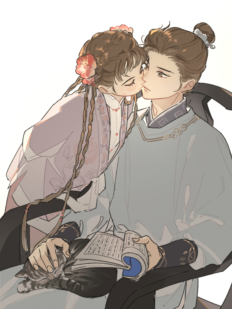 1boy, 1girl, book, braid, brown_eyes, brown_hair, cat, chinese_clothes, closed_eyes, commentary_request, dragon_li_cat, duijin_ruqun, flower, forehead, hair_bun, hair_flower, hair_ornament, hanfu, hetero, highres, holding, holding_book, kiss, loli_bushi, long_hair, long_sleeves, multiple_braids, open_book, original, pants, reading, short_bangs, simple_background, sitting, topknot, white_background, yuanlingshan