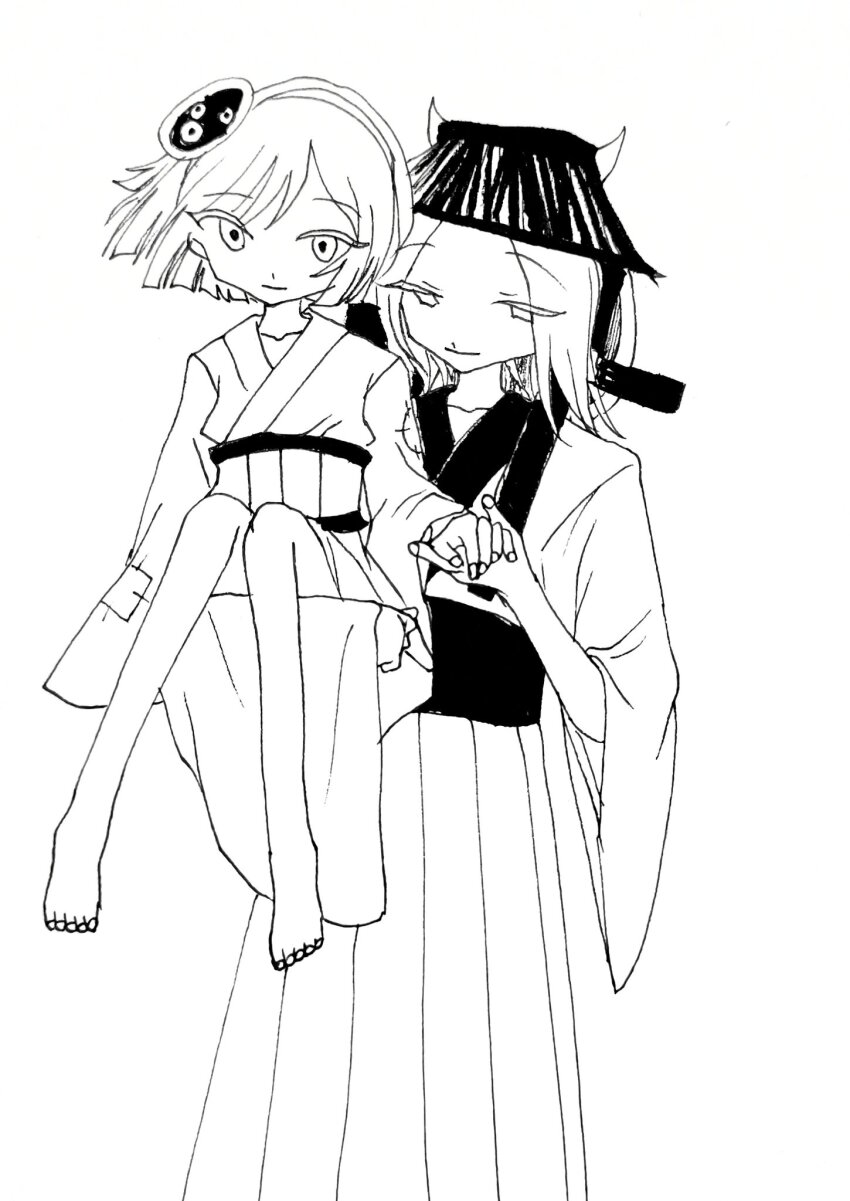 2others, androgynous, child, chinese_commentary, closed_mouth, commentary_request, demon_horns, disembodied_eye