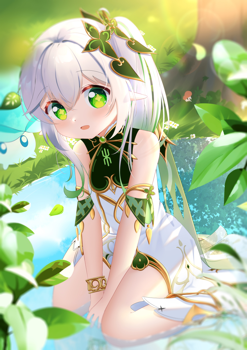 1girl, :d, absurdres, bare_shoulders, blurry, blurry_background, blurry_foreground, bracelet