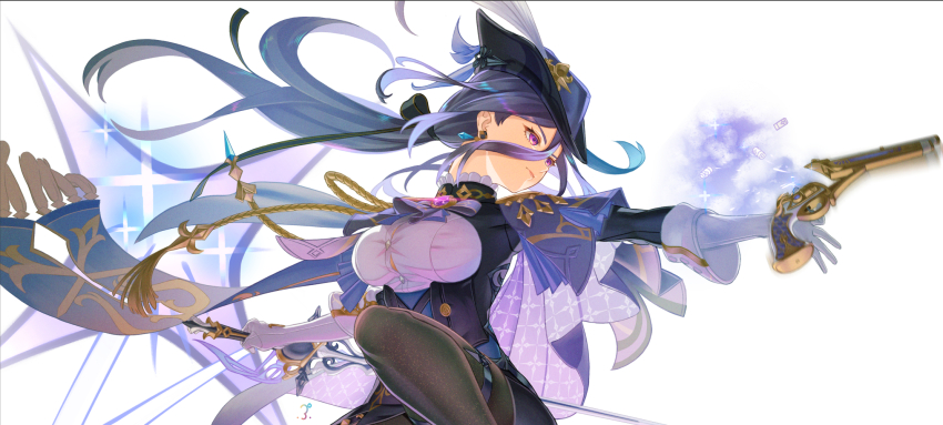 1girl, absolution_(genshin_impact), antique_firearm, ascot, black_corset, black_hair, black_pantyhose, black_skirt