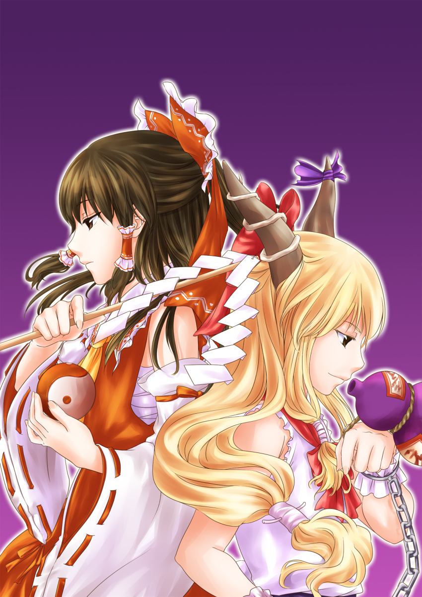 2girls, back-to-back, black_hair, blonde_hair, bow, chain, detached_sleeves, female_focus