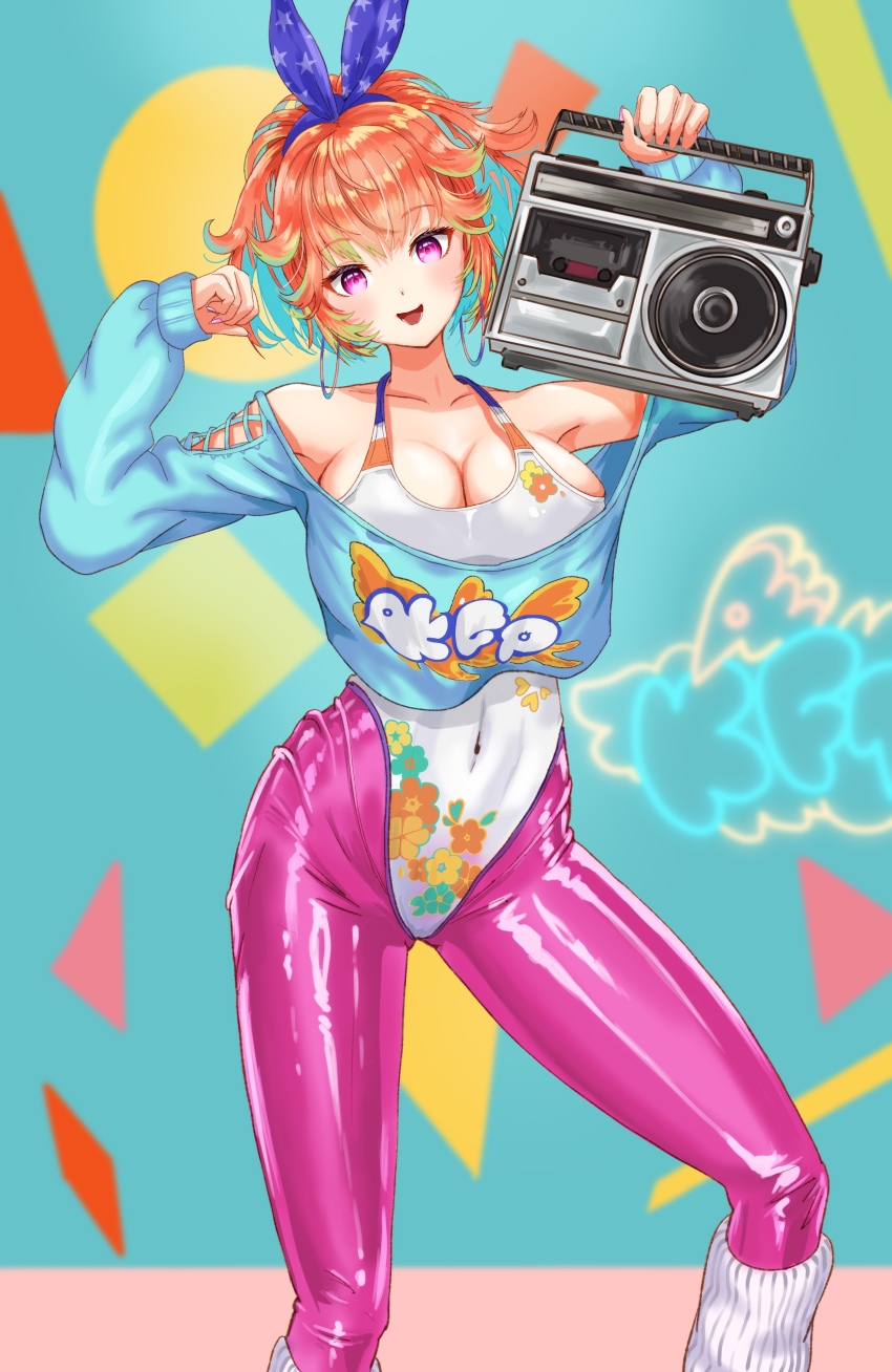 1girl, :d, absurdres, boombox, breasts, cleavage, covered_navel, crop_top