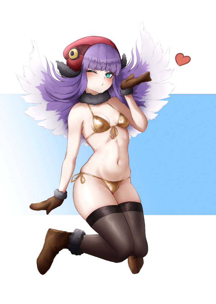 1girl, absurdres, bare_shoulders, bikini, black_thighhighs, blowing_kiss, blue_eyes, blunt_bangs, blush, boots, breasts, brown_mittens, commentary, demon_(megami_tensei), english_commentary, eyelashes, full_body, fur_collar, gold_bikini, heart, highres, lilshigu, long_hair, looking_at_viewer, midair, mittens, muu_shuwuu_(megami_tensei), navel, one_eye_closed, purple_hair, ribs, shin_megami_tensei, shiny_clothes, simple_background, skindentation, small_breasts, solo, swimsuit, thighhighs, white_hair