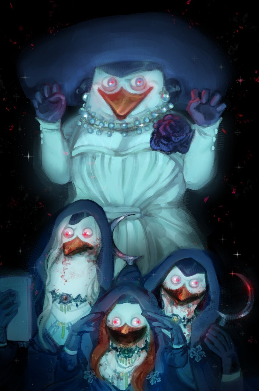 4boys, alcina_dimitrescu, alcina_dimitrescu_(cosplay), beak, bela_dimitrescu, bela_dimitrescu_(cosplay), bird, black_background