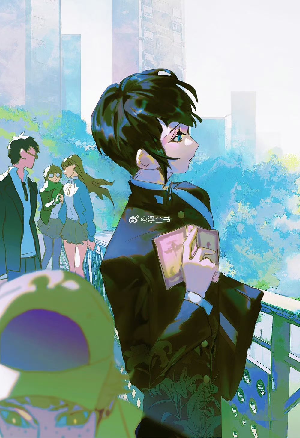 2girls, 3boys, androgynous, asymmetrical_hair, atsuta_miyazu, atsuta_yuzuru, bag, black_hair