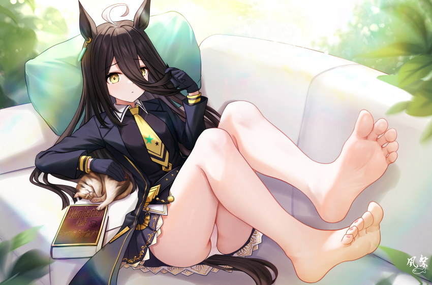 1girl, absurdres, animal_ears, bare_legs, barefoot, black_gloves, black_hair, book