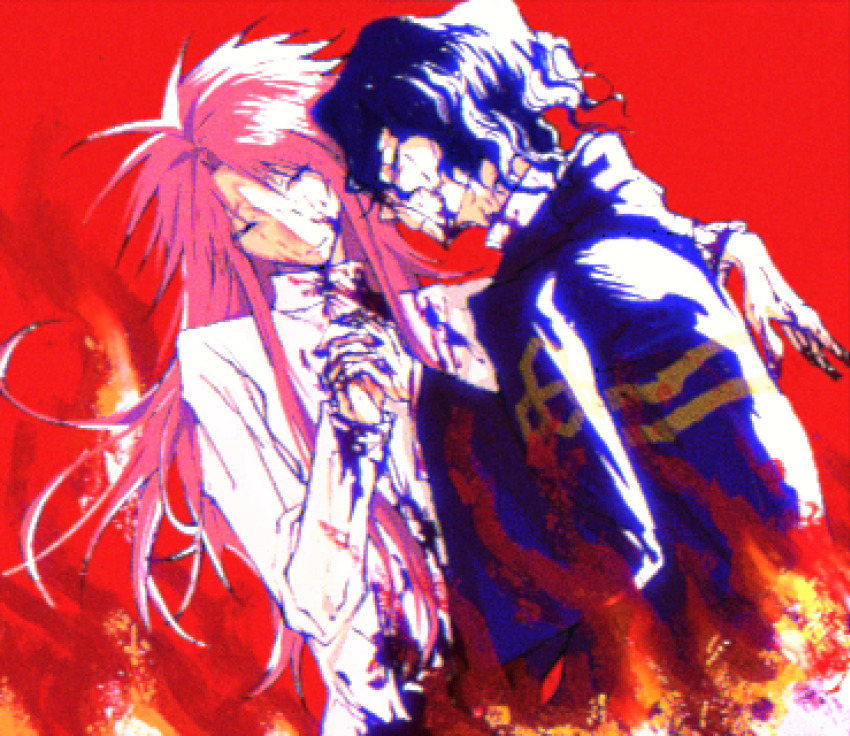 2boys, blood, blood_on_clothes, blood_on_face, blood_on_hands, blue_hair, blue_jacket, chi_cheng, chinese_commentary, closed_eyes, closed_mouth, commentary_request, dark_blue_hair, fire, hatsutori_hajime, highres, holding_hands, hood, hood_down, hooded_jacket, jacket, long_hair, long_sleeves, male_focus, multiple_boys, parted_bangs, saibou_shinkyoku, shirt, smile, utsugi_noriyuki, white_shirt