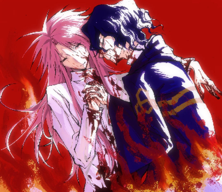 2boys, blood, blood_on_clothes, blood_on_face, blood_on_hands, blue_hair, blue_jacket, chi_cheng, chinese_commentary, closed_eyes, closed_mouth, commentary_request, dark_blue_hair, fire, hatsutori_hajime, highres, holding_hands, hood, hood_down, hooded_jacket, jacket, long_hair, long_sleeves, male_focus, multiple_boys, parted_bangs, saibou_shinkyoku, shirt, smile, utsugi_noriyuki, white_shirt