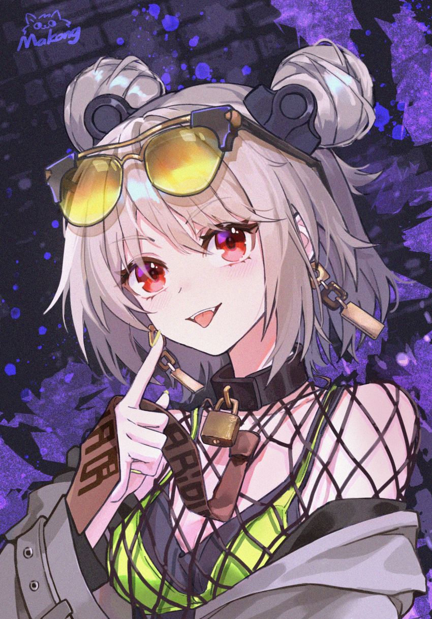 1girl, artist_name, blush, breasts, brown_necktie, collar, commentary_request, double_bun