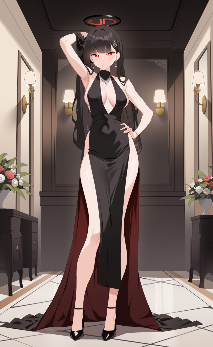 1girl, absurdres, armpits, black_dress, black_footwear, black_hair, blue_archive, blunt_bangs