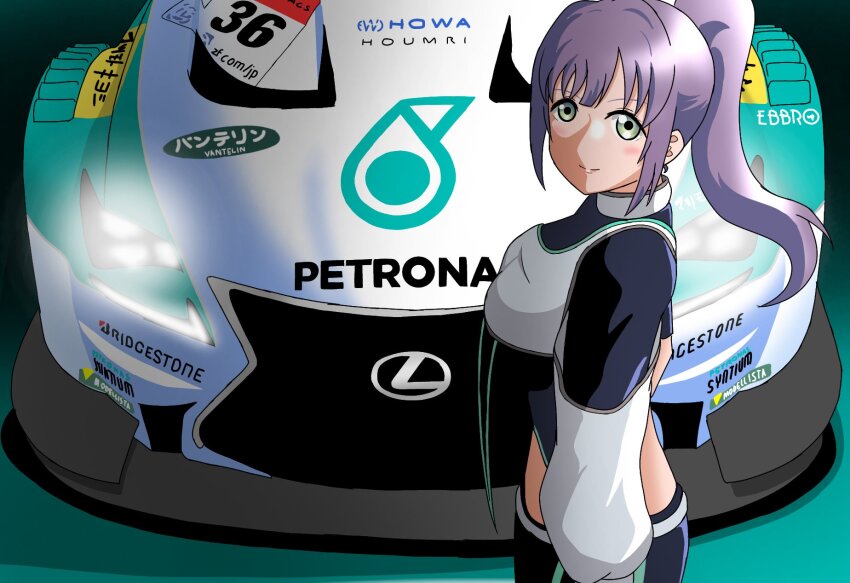 1girl, black_shirt, breasts, car, closed_mouth, commentary, deepness_(love_live!), green_eyes