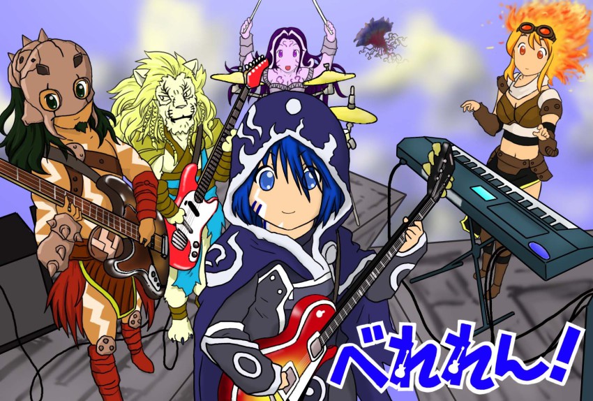 2boys, 2girls, ajani_goldmane, chandra_nalaar, crossover, emrakul_the_aeons_torn, garruk_wildspeaker, guitar