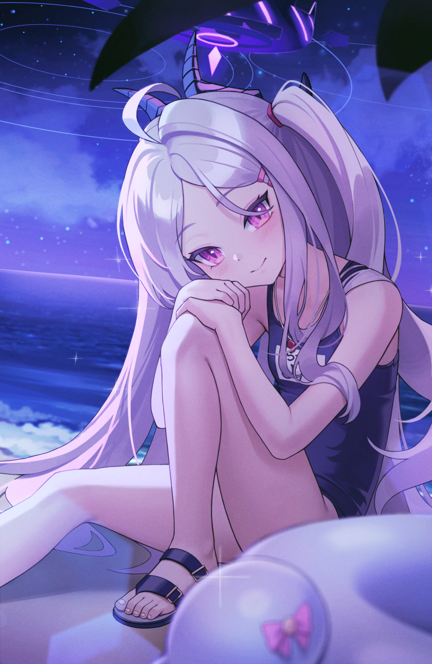 1girl, absurdres, bare_arms, bare_legs, bare_shoulders, beach, black_horns, black_one-piece_swimsuit