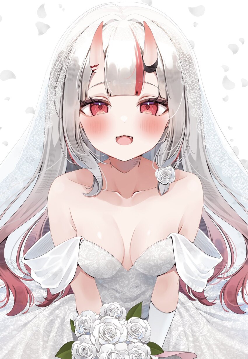 1girl, :3, :d, alternate_costume, bare_shoulders, blush, bouquet, breasts