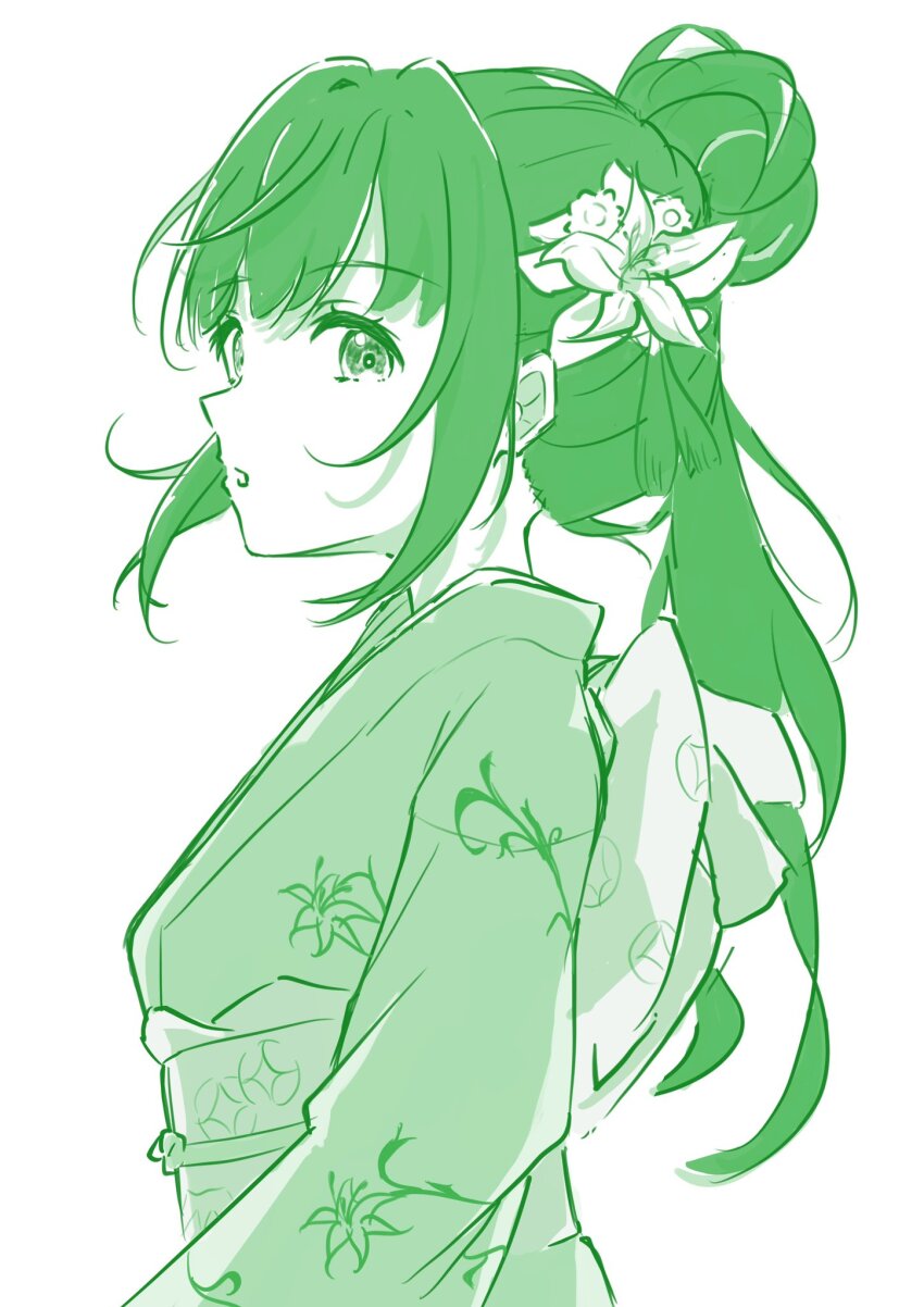 1girl, commentary_request, flower, green_theme, hair_bun, hair_flower, hair_ornament, hasu_no_sora_karuta_(love_live!)