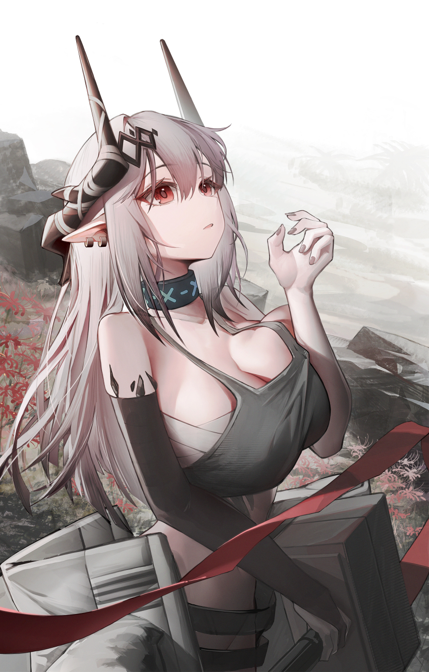 1girl, absurdres, arknights, black_bridal_gauntlets, black_collar, black_hair, black_horns, breasts