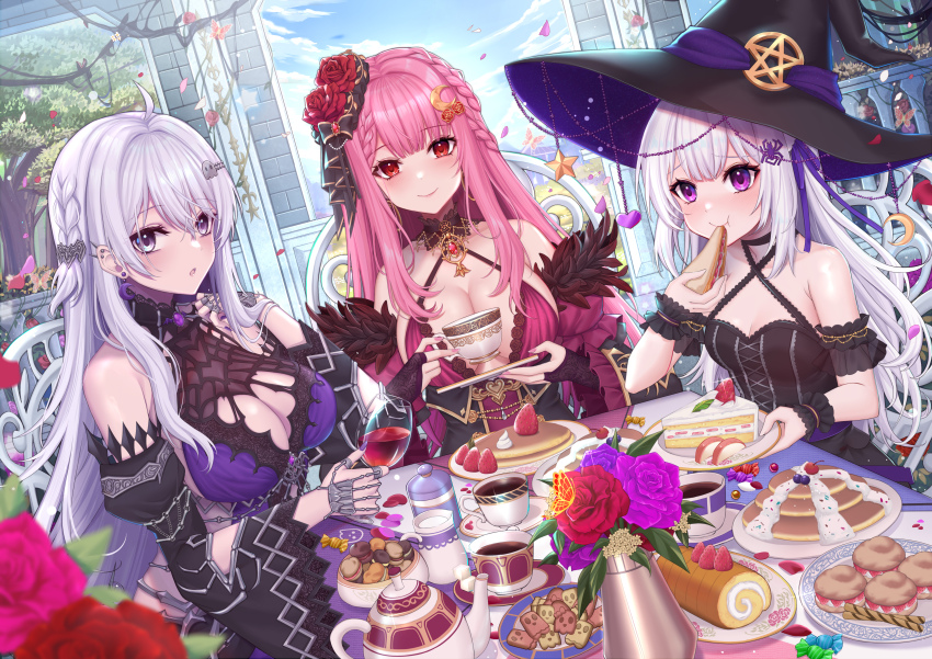 3girls, :o, :t, absurdres, alcohol, apple, apple_slice, black_choker