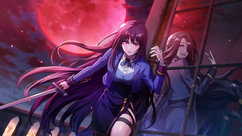 2girls, aurora_(kagejitsu), bandaged_hand, bandages, bike_shorts, bike_shorts_under_skirt, black_hair, black_skirt