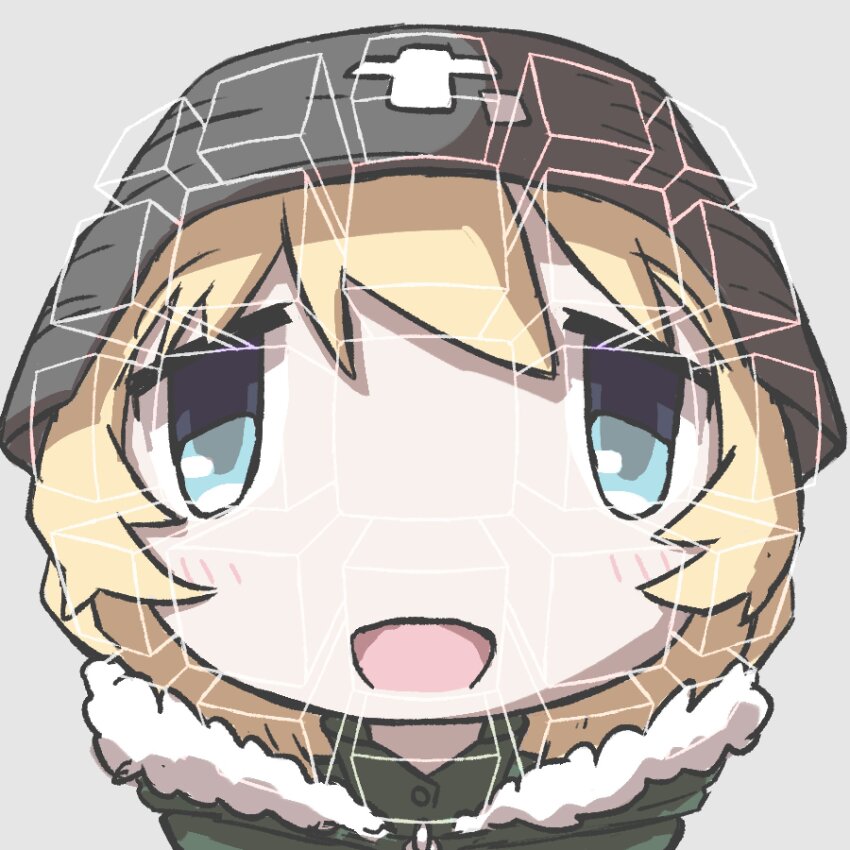 1girl, 25_perspective_box_exercise, :d, blonde_hair, blue_eyes, coat, combat_helmet, fisheye