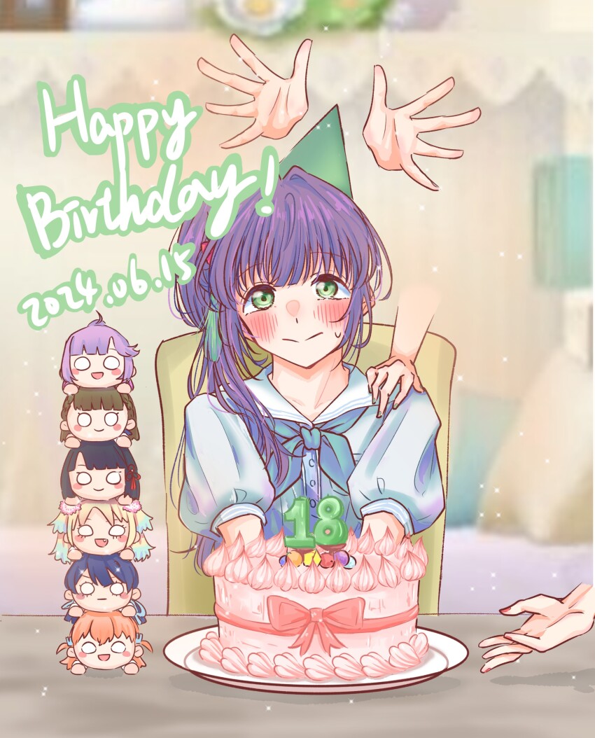 3girls, :d, :|, absurdres, anyoji_hime, aqua_neckerchief, birthday_cake, black_hair, blonde_hair, blue_hair, blue_ribbon, blunt_bangs, blunt_ends, blush, blush_stickers, braid, brown_hair, cake, center-flap_bangs, chair, character_age, character_doll, closed_mouth, commentary_request, crossed_bangs, dark_blue_hair, dated, disembodied_hand, doll, dress, fang, flower, flower_knot, food, fujishima_megumi, gradient_hair, green_eyes, green_hat, gyoban_(1515kmbk), hair_bun, hair_flower, hair_ornament, hair_ribbon, happy_birthday, hasu_no_sora_school_uniform, hat, highres, hinoshita_kaho, kachimachi_kosuzu, light_blue_hair, light_particles, link!_like!_love_live!, long_hair, love_live!, low_twintails, momose_ginko, multicolored_hair, multiple_girls, murano_sayaka, neckerchief, nervous_smile, nesoberi, on_chair, open_mouth, orange_hair, osawa_rurino, otomune_kozue, parted_bangs, party_hat, pink_flower, puffy_short_sleeves, puffy_sleeves, purple_hair, rabbit_hair_ornament, red_flower, red_nails, ribbon, sailor_collar, sailor_dress, school_uniform, short_hair, short_sleeves, side_braids, side_ponytail, sidelocks, single_side_bun, sitting, smile, split_mouth, stacking, straight_hair, summer_uniform, sweatdrop, twintails, two_side_up, upper_body, virtual_youtuber, white_dress, white_sailor_collar, wide_oval_eyes, yugiri_tsuzuri