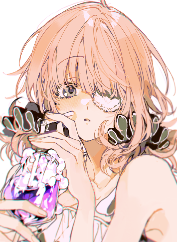 1girl, bare_shoulders, black_scrunchie, blush, collared_shirt, cup, dress, drinking_straw