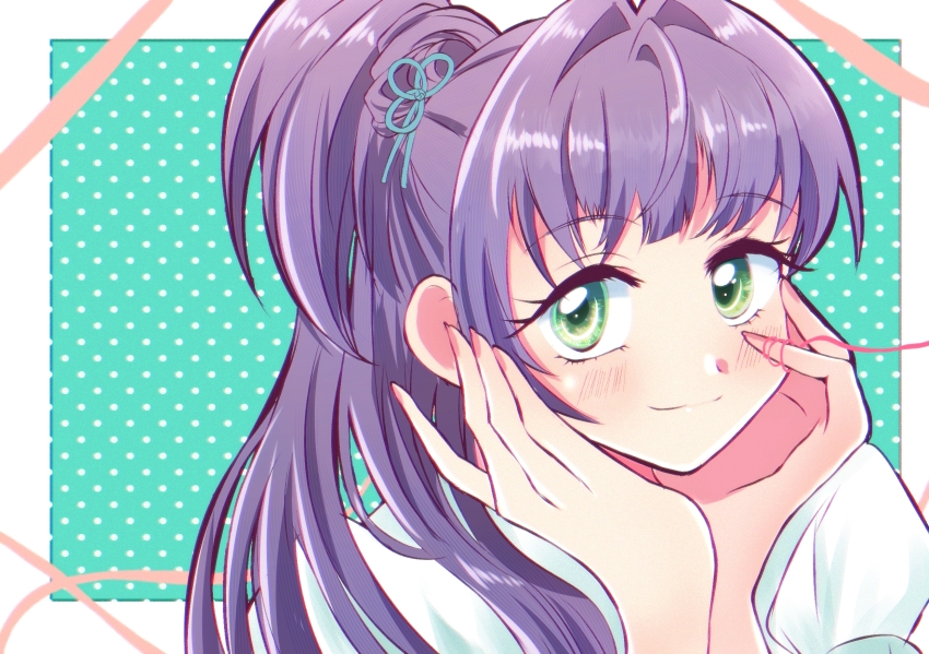 1girl, aqua_background, border, closed_mouth, commentary_request, dress, flower_knot, green_eyes