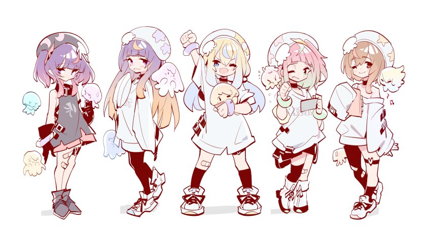 5girls, absurdres, arm_up, bandaid, bandaid_on_leg, beret, black_choker, black_gloves