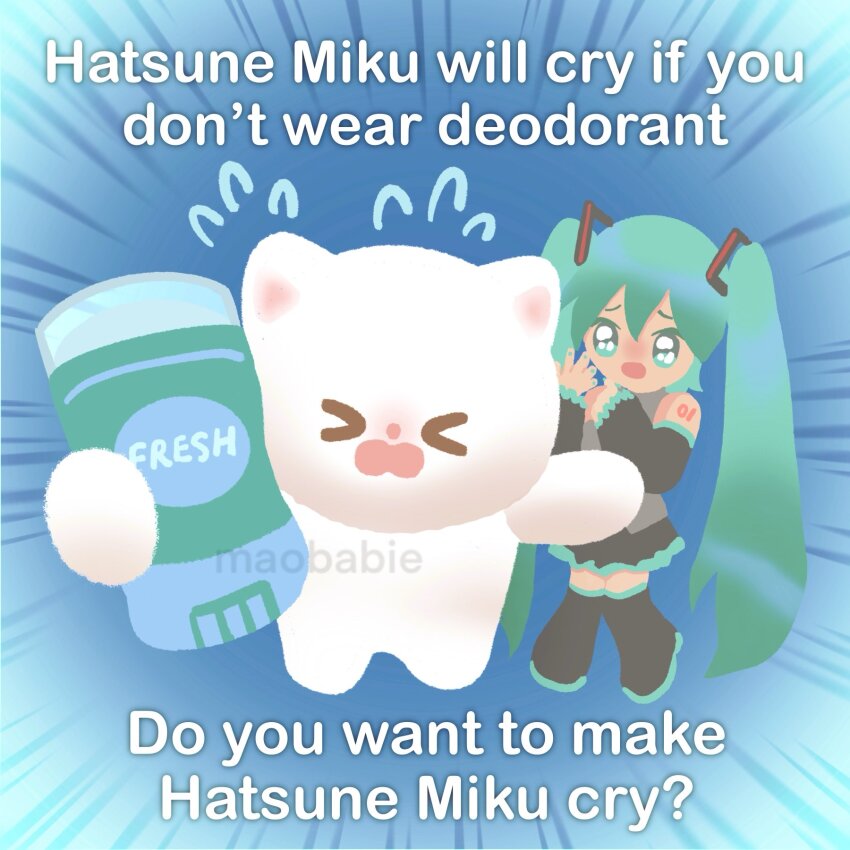 >_<, 1girl, aqua_hair, black_boots, black_skirt, black_sleeves, blue_background, boots, cat, chibi, commentary, deodorant, detached_sleeves, emphasis_lines, english_commentary, english_text, grey_shirt, hair_ornament, hands_up, hatsune_miku, highres, long_hair, long_sleeves, maobabie, miniskirt, number_tattoo, open_mouth, original, shirt, shoulder_tattoo, skirt, sleeveless, sleeveless_shirt, solo, tattoo, tearing_up, thigh_boots, twintails, very_long_hair, vocaloid, white_cat, wide_sleeves