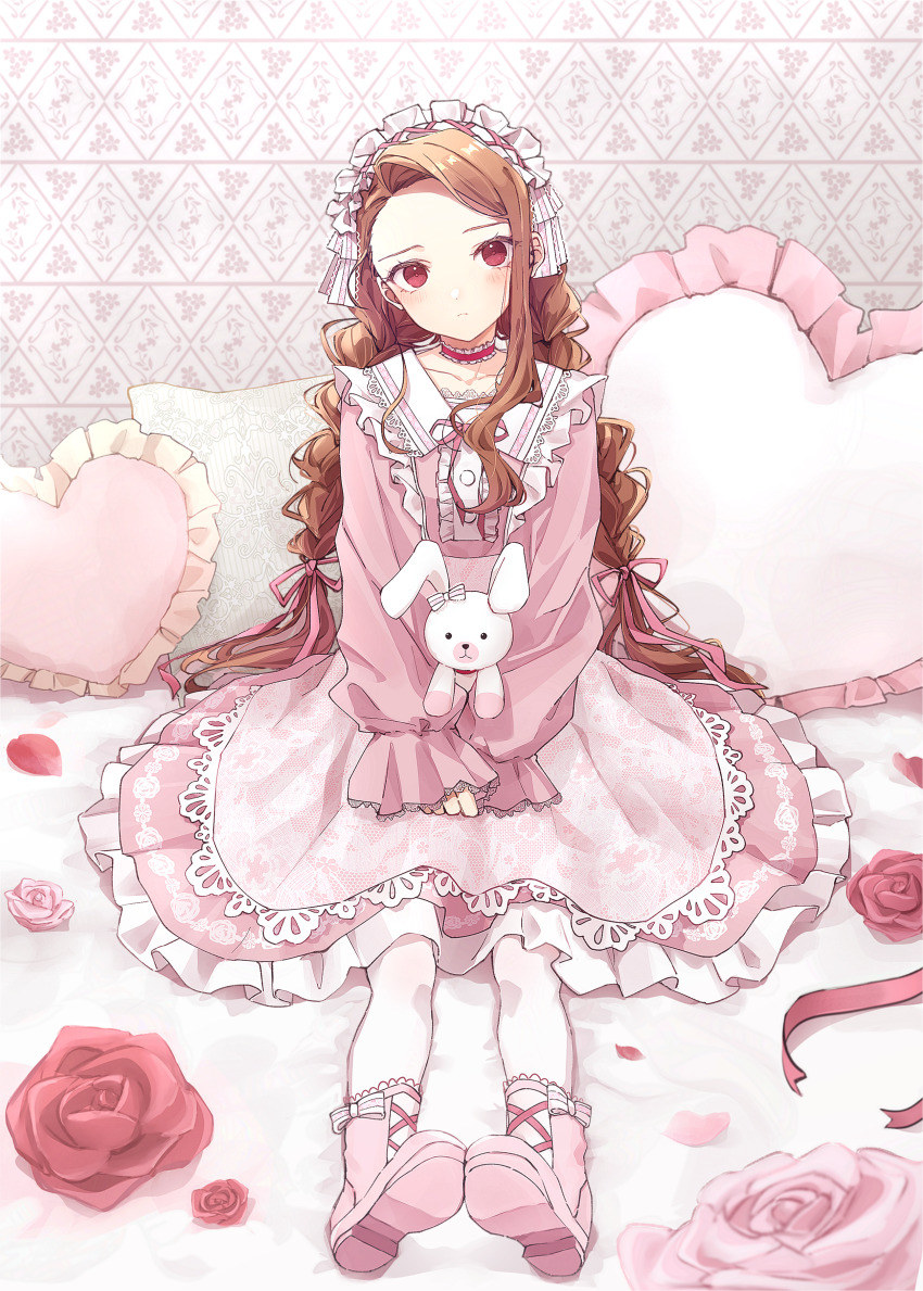 1girl, absurdres, accurate_lolita_coord, asymmetrical_bangs, blush, braid, brown_hair, center_frills