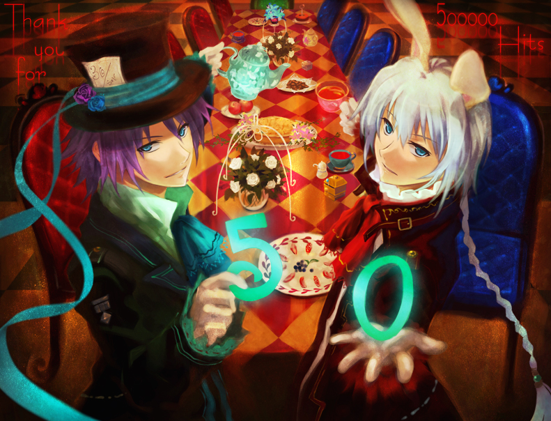 2boys, alice's_adventures_in_wonderland, animal_ears, braid, hat, mad_hatter_(alice_in_wonderland), male_focus, march_hare_(wonderland)