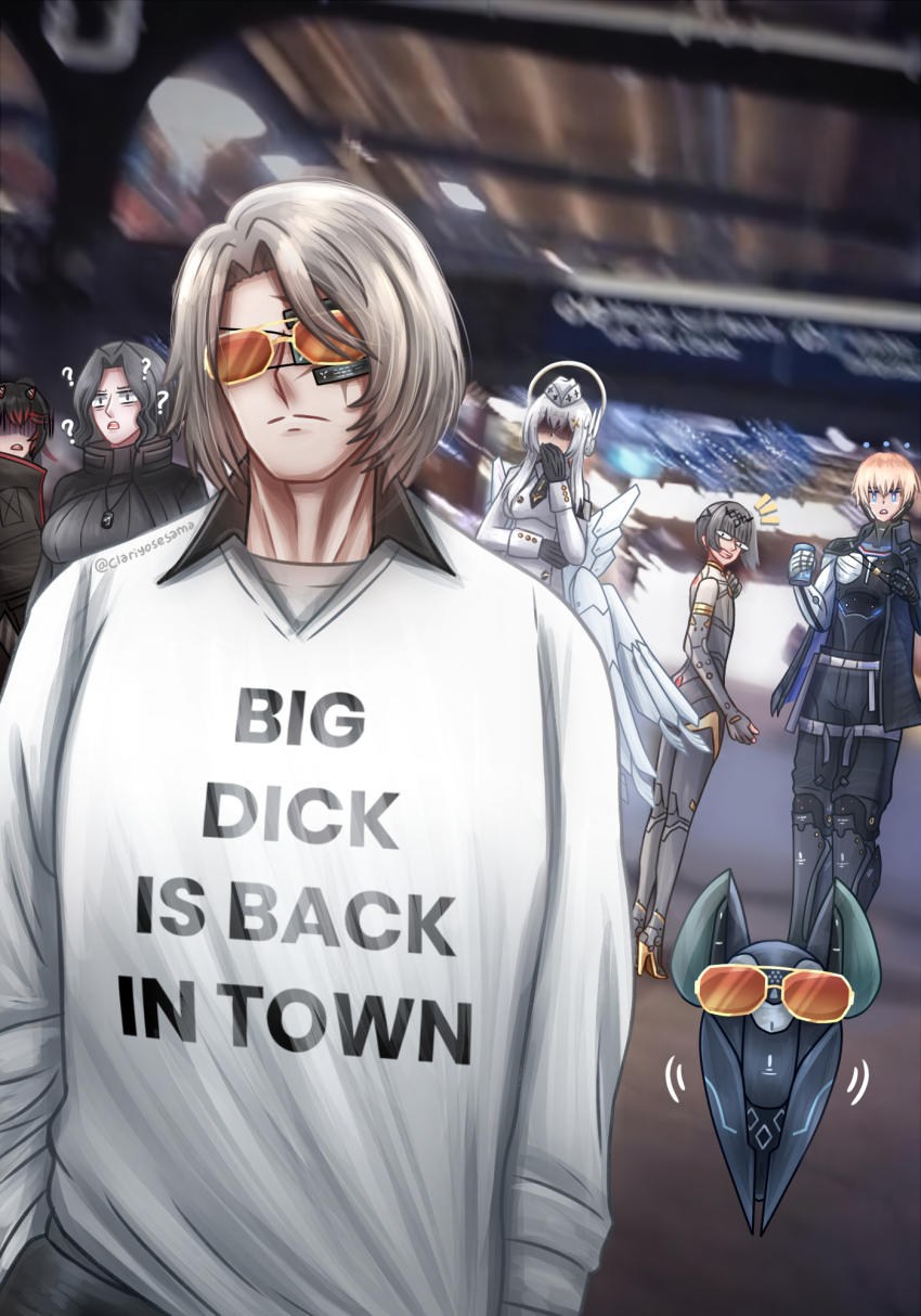 2boys, 4girls, ?, asymmetrical_hair, bat_(animal), black_bodysuit, black_hair, black_jacket, black_necktie, black_sweater, blonde_hair, blue_eyes, bodysuit, can, character_request, clariyosesama, closed_mouth, commentary, confused, dog_tags, dress, embarrassed, english_commentary, english_text, eyepatch, fake_horns, garrison_cap, gloves, gown, grey_bodysuit, grey_hair, hair_intakes, hair_ornament, halo, happy, hat, headphones, highres, holding, holding_can, horns, jacket, lee:_hyperreal_(pgr), lee_(pgr), liv:_empyrea_(pgr), liv_(pgr), lucia:_plume_(pgr), lucia_(pgr), mechabare, mechanical_wings, multicolored_hair, multiple_boys, multiple_girls, nanami:_starfarer_(pgr), nanami_(pgr), necktie, open_mouth, pilot_suit, punishing:_gray_raven, red_hair, shaded_face, shirt, spacesuit, streaked_hair, sunglasses, sweater, twitter_username, watanabe:_epitaph_(pgr), watanabe_(pgr), white_dress, white_shirt, wings, x_hair_ornament