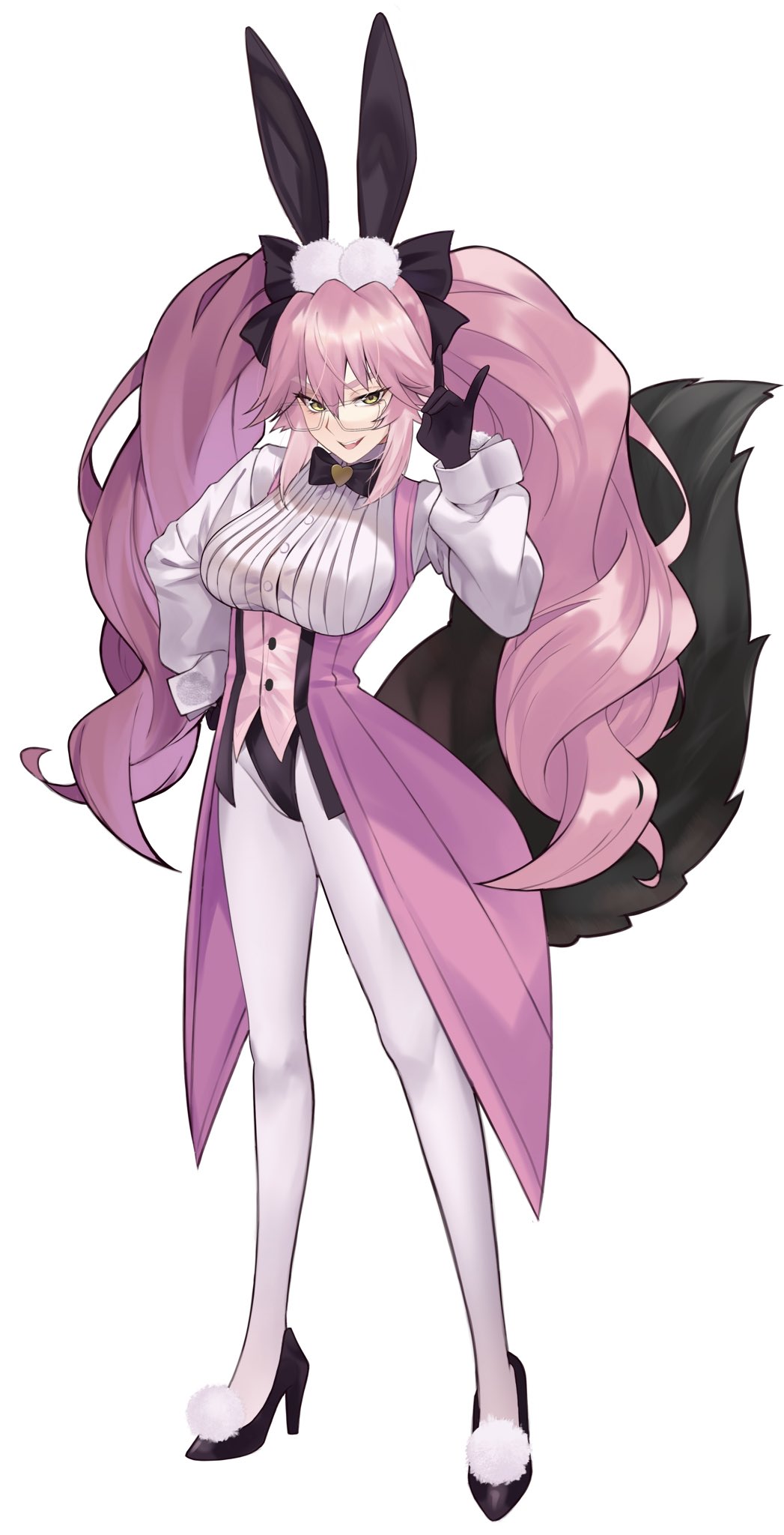 akaneko016, animal_ear_fluff, animal_ears, black_bow, black_gloves, black_leotard, bow, breasts