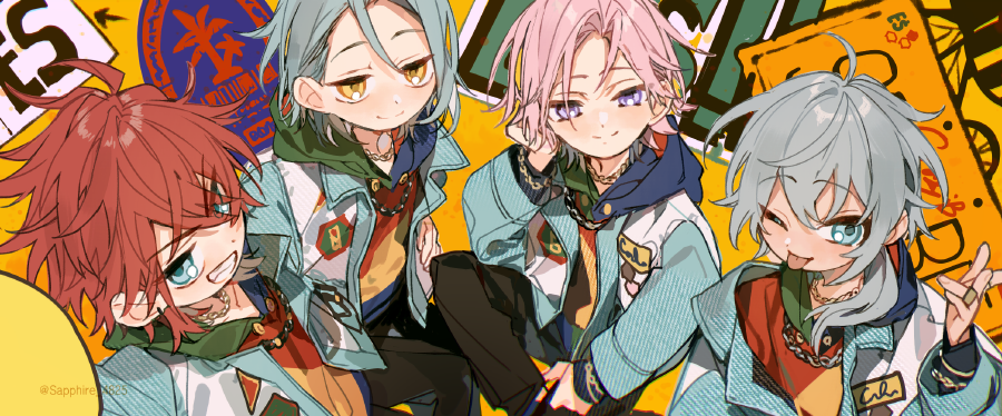 4boys, amagi_rinne, black_pants, blue_hair, blue_jacket, bracelet, closed_mouth, crazy_b_(ensemble_stars!)