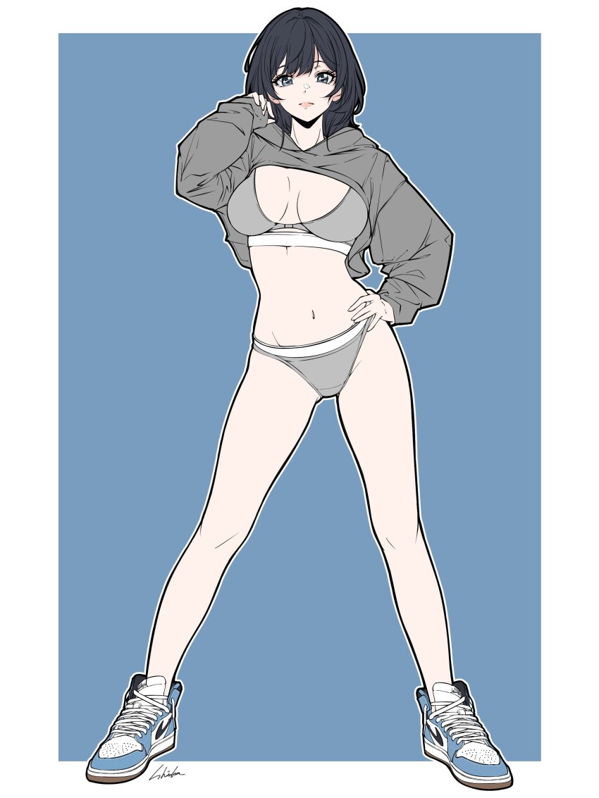 1girl, absurdres, air_jordan, air_jordan_1, bambi_surprise, black_hair, blue_eyes, border, breasts, commentary, cropped_jacket, english_commentary, extreme_crop_top, full_body, grey_sports_bra, hand_on_own_hip, highres, long_hair, looking_at_viewer, navel, nike_(company), original, shoes, sneakers, solo, sports_bikini, sports_bra, sports_panties, standing, white_border