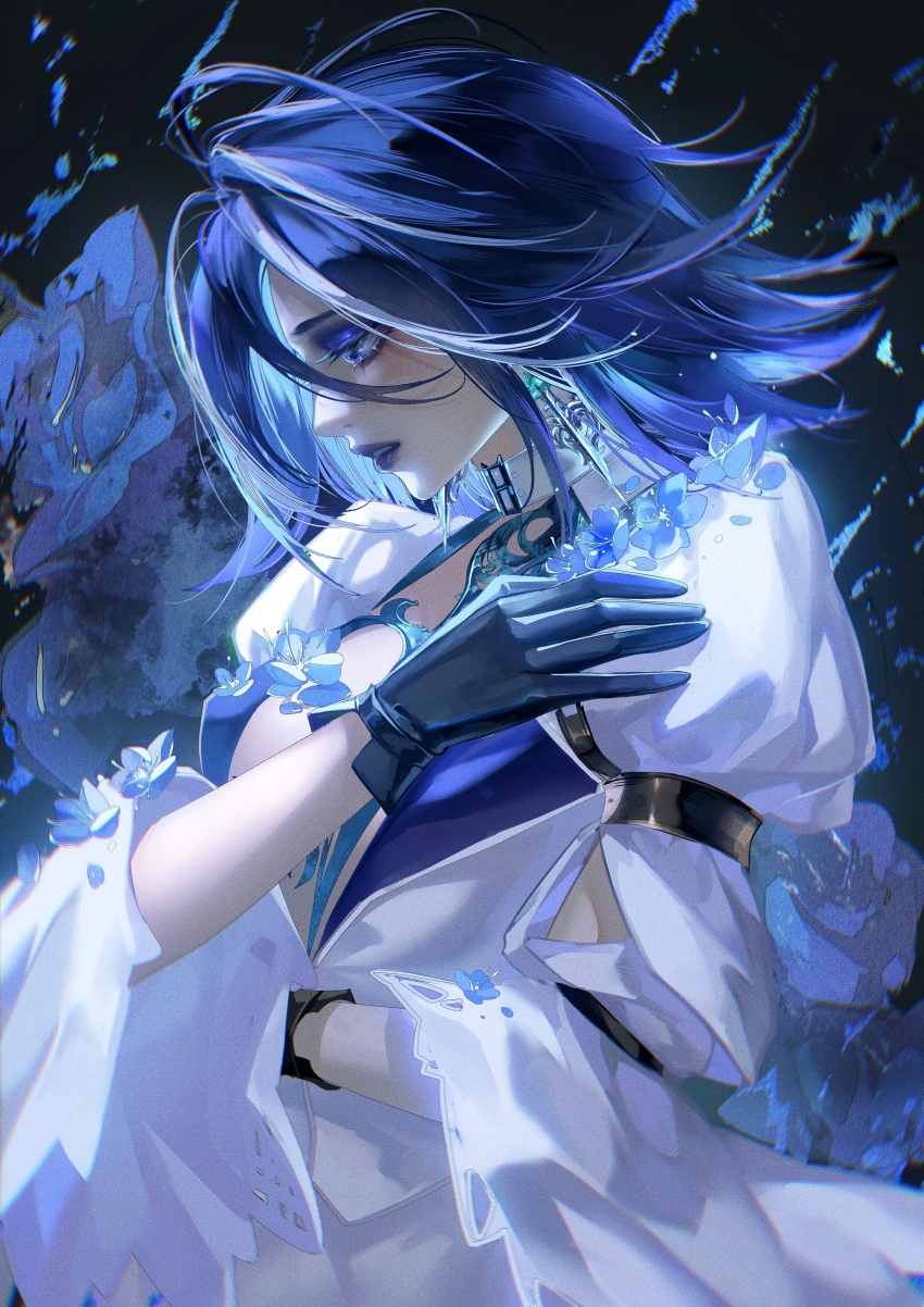 1girl, absurdres, adela_(path_to_nowhere), arm_cutout, belt_collar, black_gloves, blue_eyeliner, blue_eyes