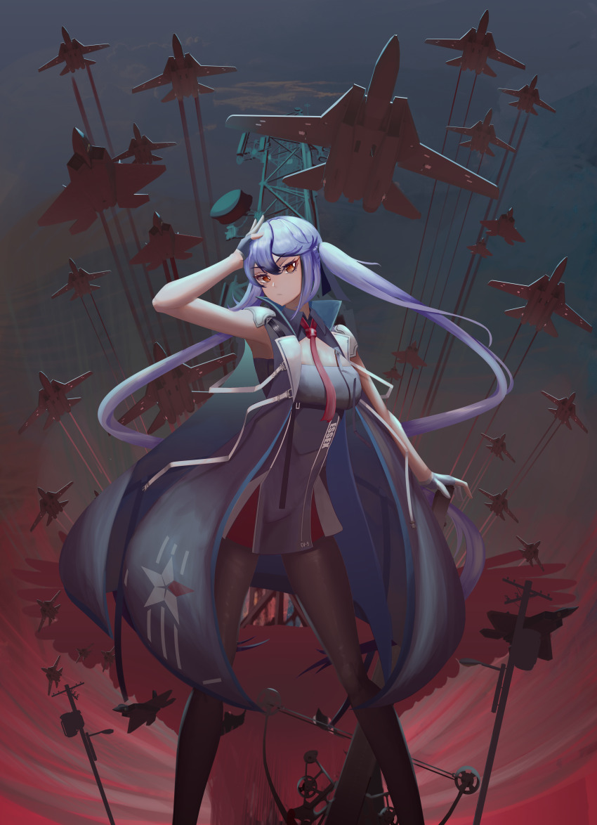 1girl, absurdres, aircraft, airplane, artknight045, azur_lane, black_gloves, black_pantyhose, blue_coat, breasts, coat, essex_(azur_lane), f-14, f-14_tomcat, f-22, f-22_raptor, feet_out_of_frame, fighter_jet, fingerless_gloves, gloves, highres, leaning_forward, long_hair, looking_at_viewer, medium_breasts, military_vehicle, outdoors, pantyhose, purple_hair, red_eyes, solo, spread_legs, standing, twintails, very_long_hair