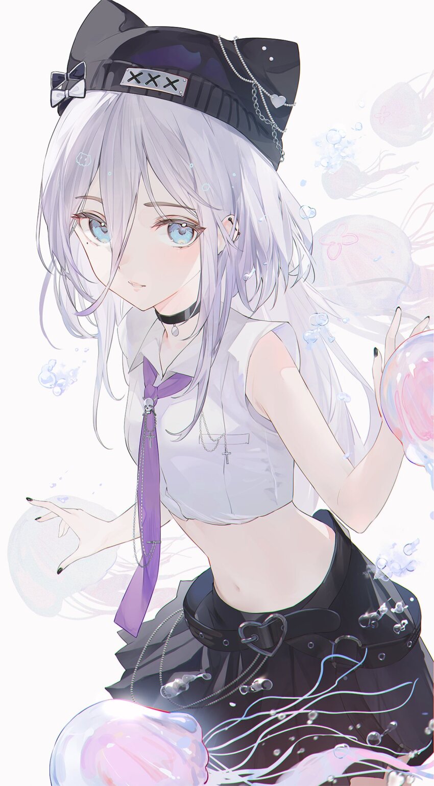 1girl, animal_hat, bare_arms, beanie, belt, black_belt, black_choker, black_hat