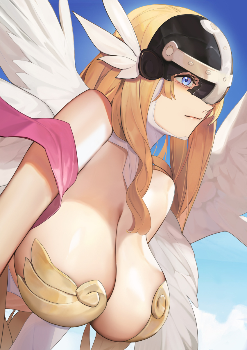 1girl, absurdres, angel_wings, angewomon, blonde_hair, blue_eyes, breasts, broken_mask, chinese_commentary, closed_mouth, digimon, digimon_(creature), feathered_wings, feathers, from_side, highres, large_breasts, looking_ahead, mask, renleiwanyier, upper_body, white_feathers, white_wings, wing_ornament, wings