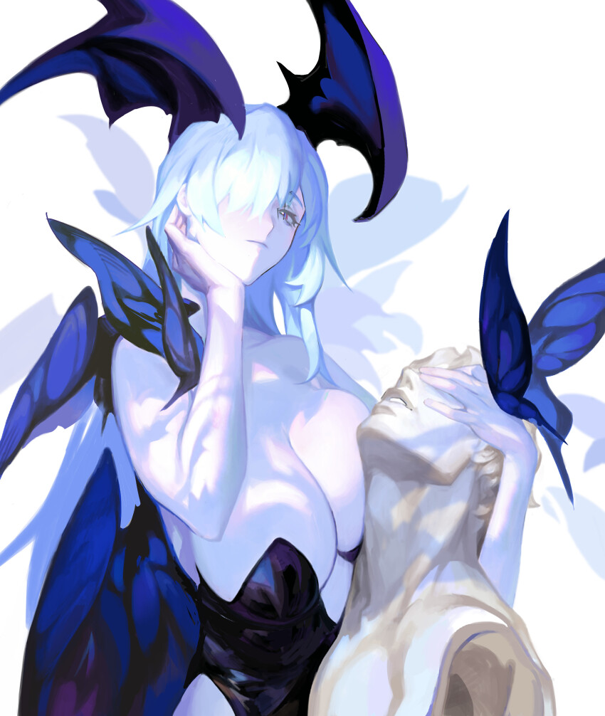 1girl, absurdres, bat_wings, black_leotard, breast_press, breasts, bug, butterfly