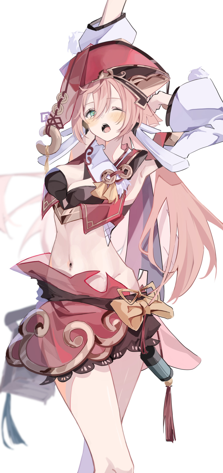 1girl, absurdres, aqua_eyes, armpits, arms_up, breasts, cleavage, cowboy_shot