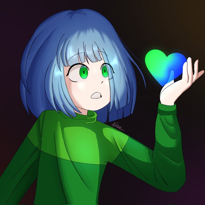 amber_lightvale, black_background, blue_hair, clothes, glitchtale, green_eyes, highres, short_hair