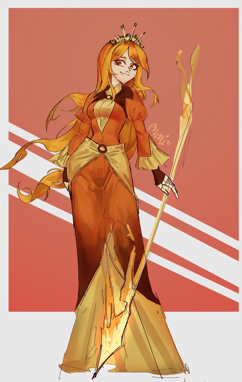 agate_lightvale, clothes, crown, dress, fire, glitchtale, highres, long_hair