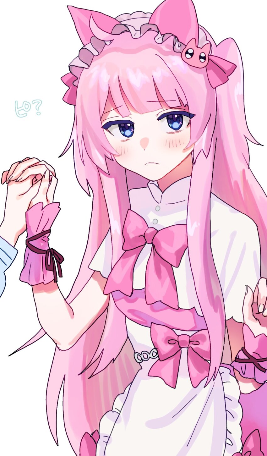 1girl, 1other, animal_ears, apron, blue_eyes, blush, bow, bowtie