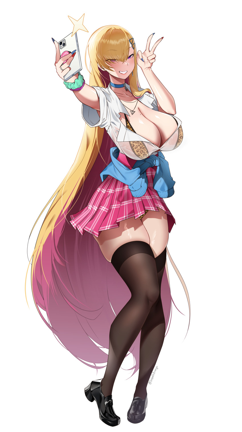 1girl, absurdres, animal_print, bikini, black_footwear, black_thighhighs, blonde_hair, blue_cardigan, blue_choker, blue_nails, blush, boryeon_(last_origin), breasts, cardigan, cardigan_around_waist, cellphone, choker, cleavage, clothes_around_waist, colored_inner_hair, green_scrunchie, hair_ornament, hair_over_one_eye, highres, holding, holding_phone, huge_breasts, jewelry, korean_commentary, last_origin, leopard_print, leopard_print_bikini, long_hair, microskirt, mole, mole_on_breast, multicolored_hair, multicolored_nails, nail_polish, phone, pink_skirt, pleated_skirt, print_bikini, purple_eyes, purple_hair, purple_scrunchie, red_nails, ring, salm0n0range, school_uniform, scrunchie, see-through_clothes, see-through_shirt, selfie, shirt, shirt_tucked_in, short_sleeves, simple_background, skirt, smartphone, smile, solo, standing, swimsuit, thighhighs, triangle_hair_ornament, triangle_necklace, twitter_username, two-tone_hair, v, very_long_hair, white_background, white_shirt, wrist_scrunchie, zettai_ryouiki
