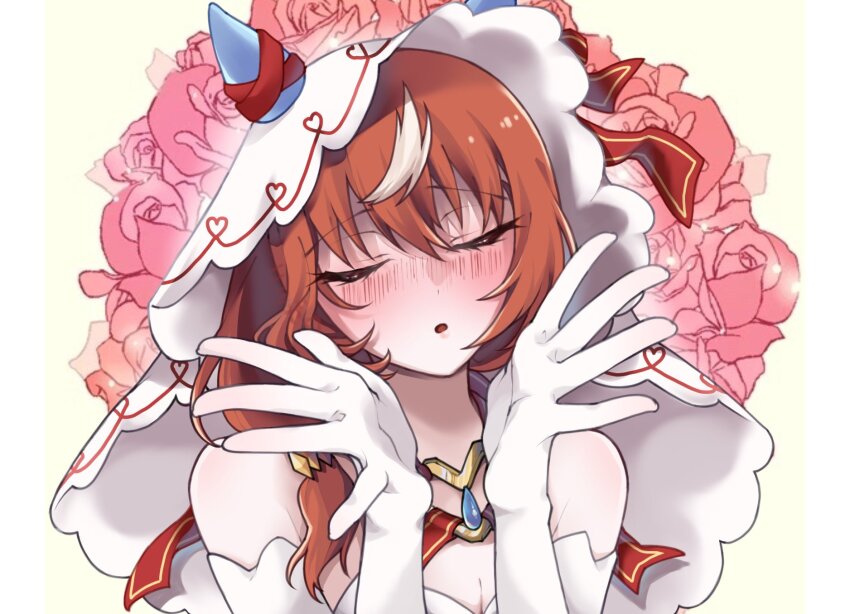 1girl, 2hin03, blowing_kiss, blush, breasts, bridal_veil, bride, brown_eyes