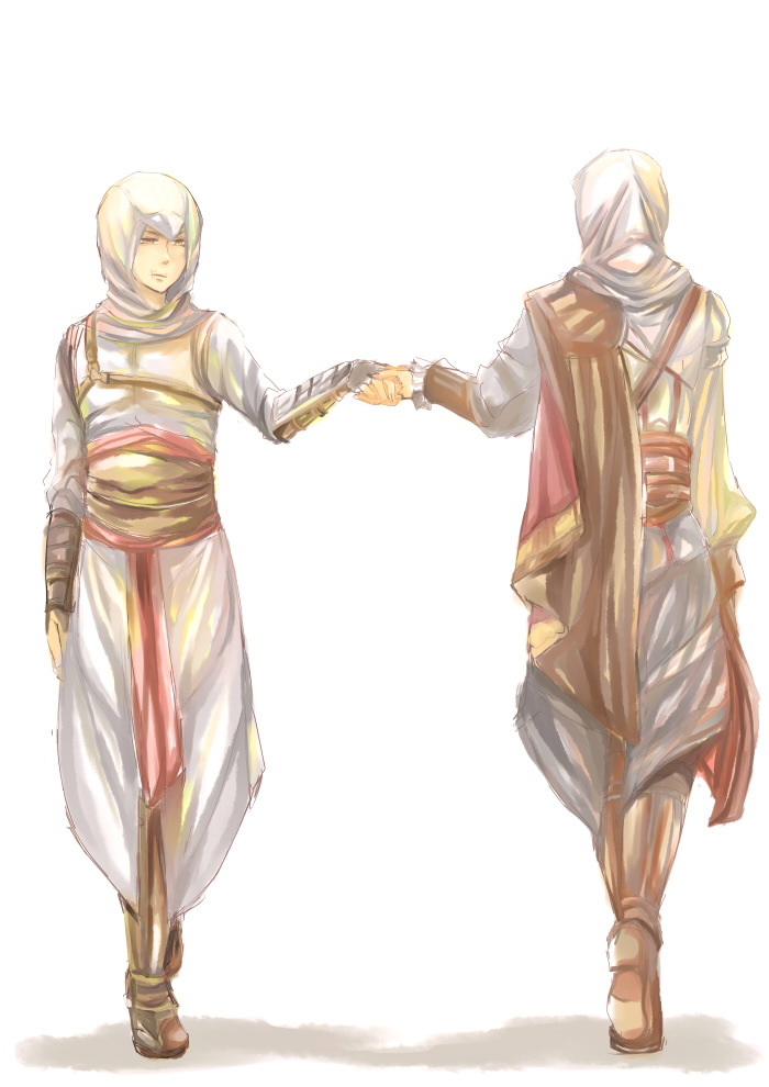 2boys, altair_ibn_la-ahad, armor, assassin's_creed, assassin's_creed_(series), assassin's_creed_ii, bad_id, bad_pixiv_id, boots, cape, ezio_auditore_da_firenze, hood, kaede_rintou, male_focus, multiple_boys, vambraces
