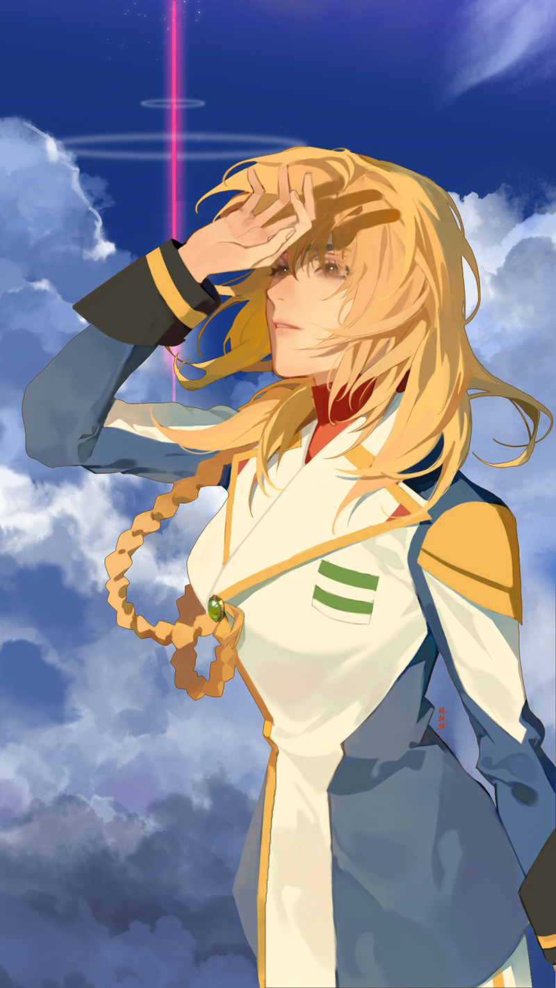 1girl, aiguillette, blonde_hair, blue_jacket, blue_sky, blue_uniform, cagalli_yula_athha, cloud, cloudy_sky, collar_tabs, floating_hair, gundam, gundam_seed, gundam_seed_destiny, gundam_seed_freedom, hand_over_face, highres, jacket, lin_yueran_shi_hao_chazi, looking_afar, medium_hair, military, military_jacket, military_uniform, parted_lips, sky, solo, white_jacket, white_uniform, yellow_eyes
