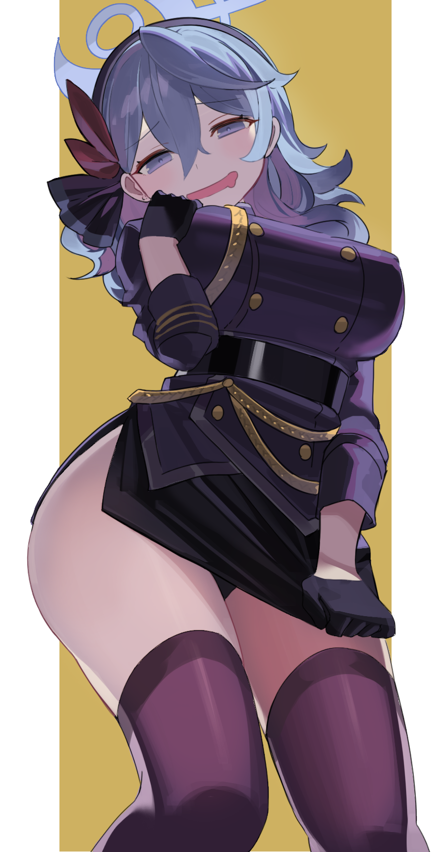 1girl, ako_(blue_archive), alternate_costume, black_gloves, black_skirt, blue_archive, blue_eyes, blue_hair